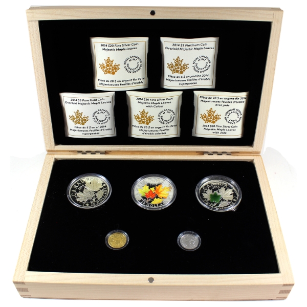2014 Majestic Maple Leaves Pure Silver, Gold, & Platinum 5-Coin Set (Tax Exempt)