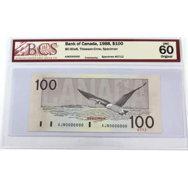 BC-60aS 1988 $100 SPECIMEN BCS UNC60 Original Thiessen-Crow SN: AJN0000000 0712