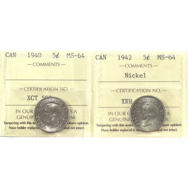 5-cent 1940 & 1942 Nickel ICCS MS64. 2pcs.