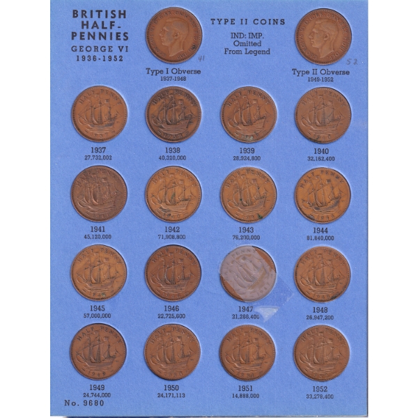 Great Britain 1937-1966 Halfpennies Collection in Blue Whitman Album. 44pcs.