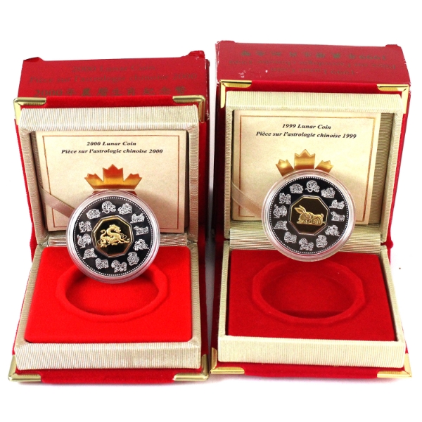 $15 1999 Year of the Rabbit & 2000 Year of the Dragon Sterling Silver & Gold Plated Cameo. 2pcs.