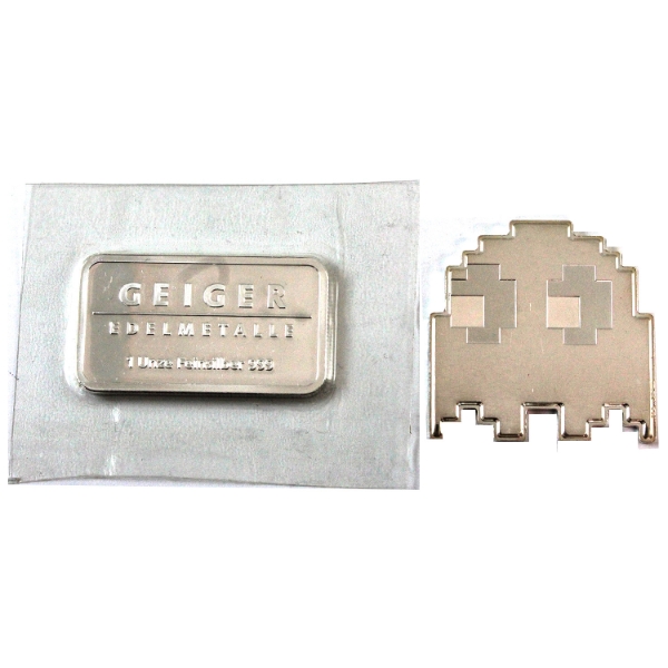 2x 1oz Niue 2022 $2 1oz Pac-Man Ghost Shaped Stackable Coin & 1oz Geiger Bar .999 Fine Silver. 2pcs