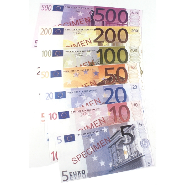 2001 Euro Specimen Note Set of 5, 10, 20, 50, 100, 200, & 500 in Crisp Condition. 7pcs.