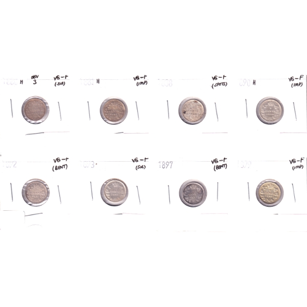 Bulk Lot of 5-cent 1880H-1899 in 8-Pocket Sheet VG-F. 8pcs.