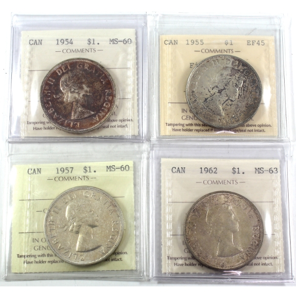 Silver $1 1954-1962 ICCS EF45 to MS63. 4pcs