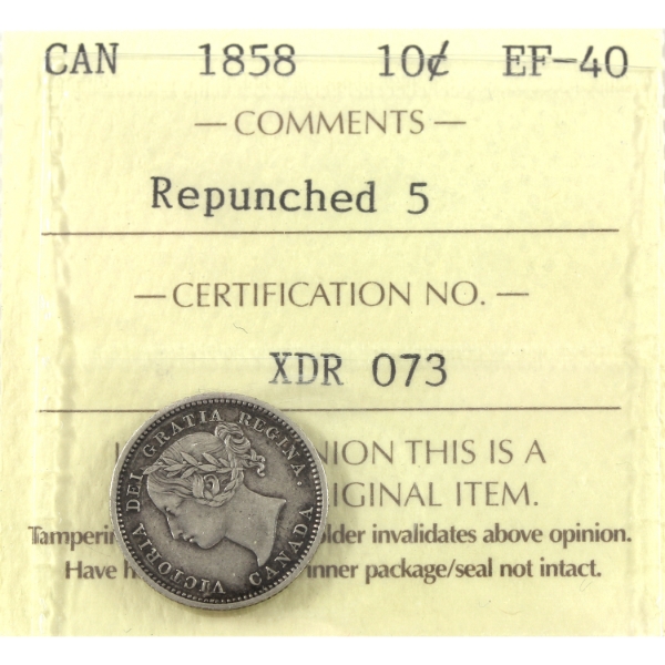 10-cent 1858 Repunched 5 ICCS EF40