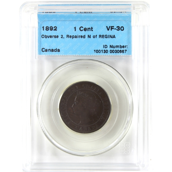 1-cent 1892 Obverse 2; Repaired N of REGINA CCCS VF30