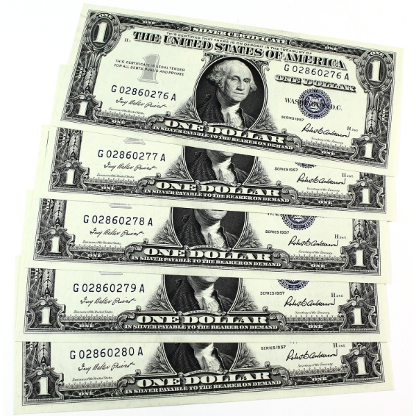 USA 1957 $1 Consecutive Silver Certificate Notes SN: G02860276-"80. 5pcs.