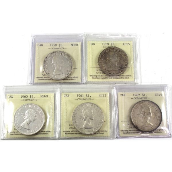 Silver $1 1958-1962 ICCS EF45 to MS60. 5pcs.