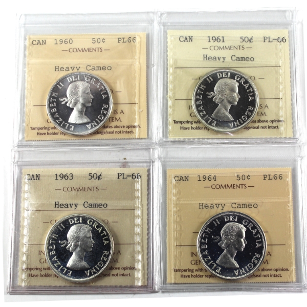 50-cent 1960, 1961, 1963, & 1964 ICCS PL66 Heavy Cameo. 4pcs.