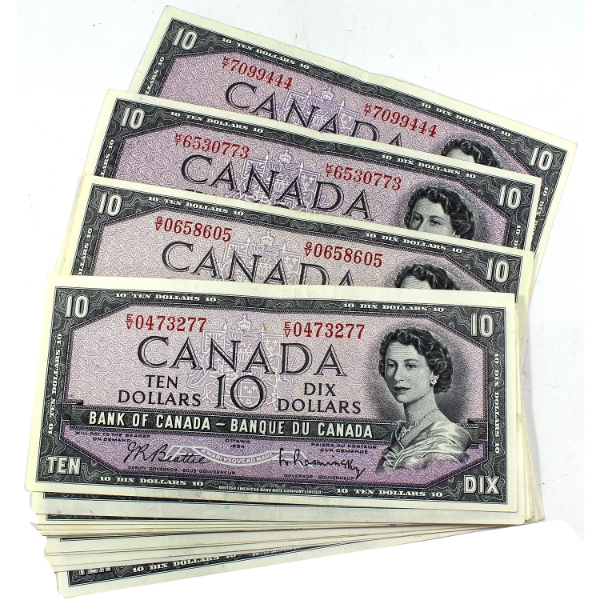 Bulk Lot of 1954 $10 Banknotes. 18pcs.