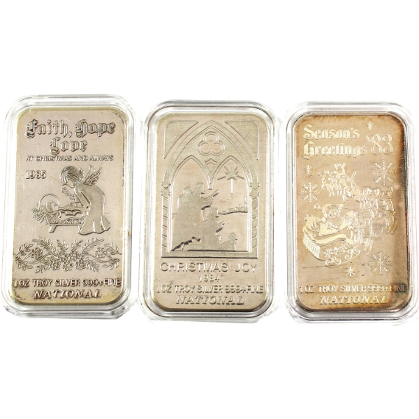 3x 1oz National Refiners 1983-1985 Christmas .999+ Silver Art Bars. 3pcs. (Tax Exempt)