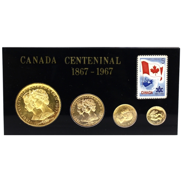 1967 Centennial Commemorative Medallion Set with Postage Stamp in Hard Plastic Holder