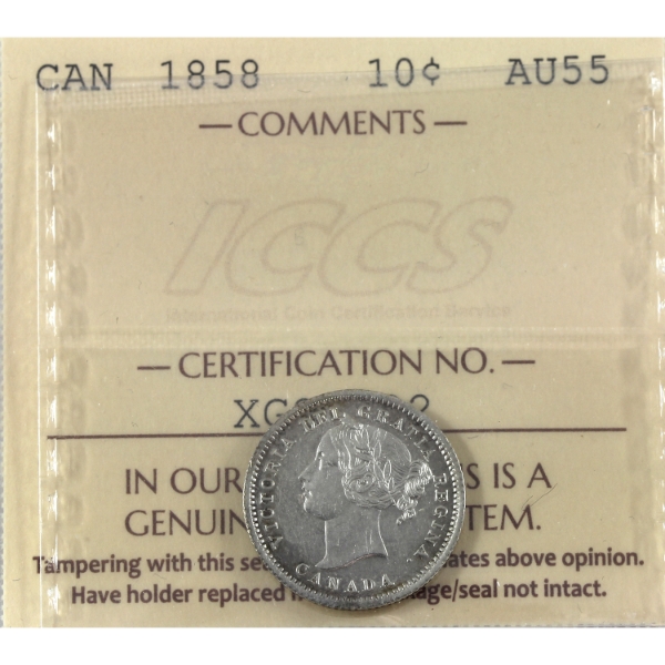 10-cent 1858 D/D in DEI ICCS AU55