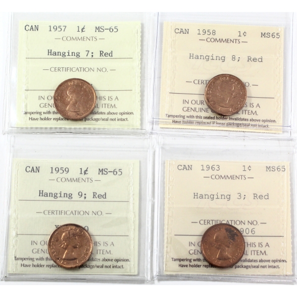1-cent 1957 Hanging 7, 1958 Hanging 8, 1959 Hanging 9, 1963 Hanging 3 ICCS MS65 Red. 4pcs 