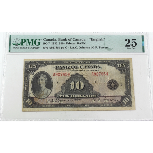 BC-7 1935 $10 English PMG VF25 Osborne-Towers SN: A927854 ppC