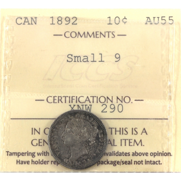10-cent 1892 Small 9; Obv 5 ICCS AU55