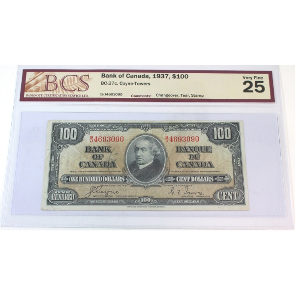 BC-27c 1937 $100 BCS VF25 Changeover Coyne-Towers SN: B/J4693090
