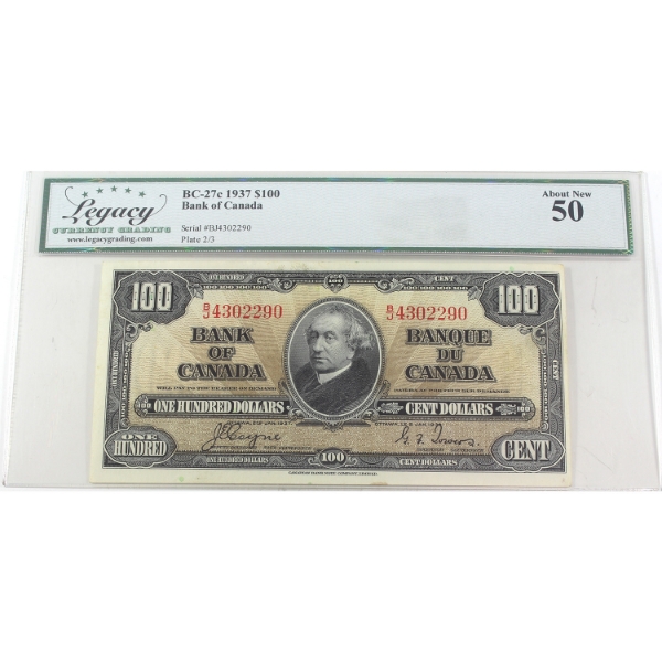 BC-27c 1937 $100 Legacy AU50 Coyne-Towers SN: B/J4302290