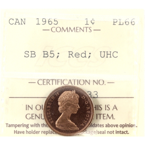 1-cent 1965 SB B5 ICCS PL66 Red, Ultra Heavy Cameo