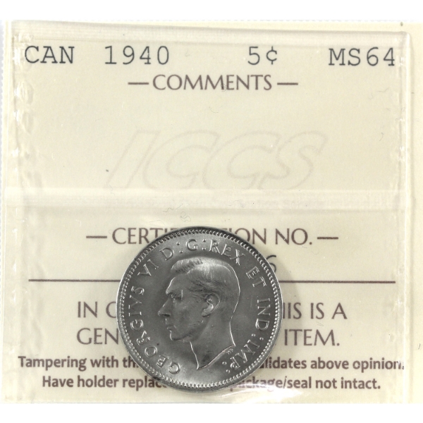 5-cent 1940 ICCS MS64 