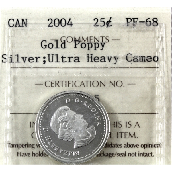 25-cent 2004 Silver, Gold Plated Poppy ICCS PF68 UHC