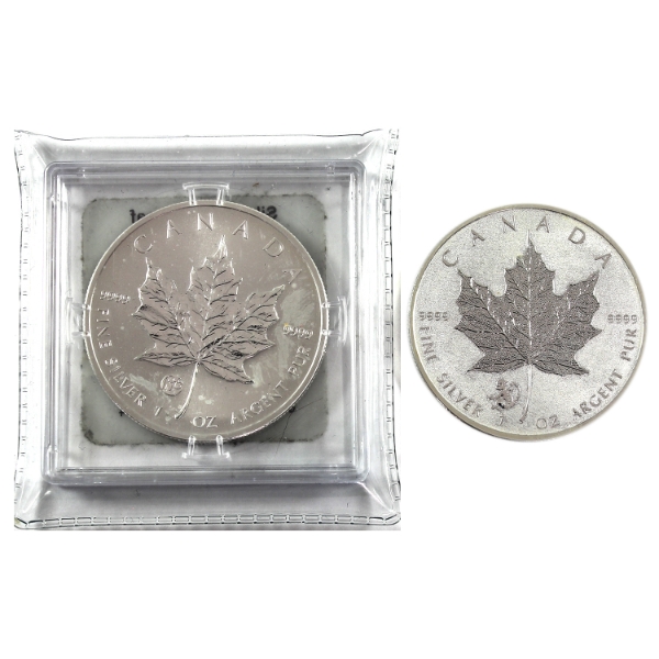 2x 1oz 2014 & 2016 $5 Silver Maple Leaf .999 Fine Silver Coins w/ Privy Marks. 2pcs. (Tax Exempt)