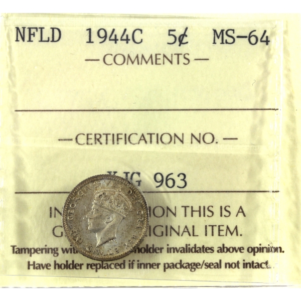 Newfoundland 5-cent 1944C MS64