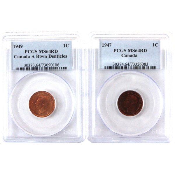 1-cent 1947 & 1949 A Between Denticles PCGS MS64 Red. 2pcs.