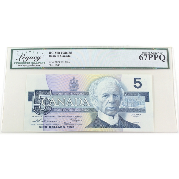 BC-56b 1986 $5 Legacy Superb GEM UNC67 PPQ Thiessen-Crow SN: FPT3339666