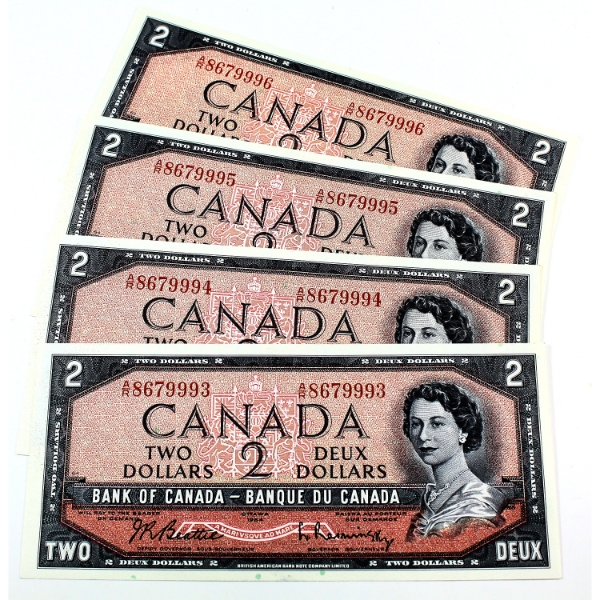 4x BC-38b 1954 $2 AU or Better Beattie-Rasminsky Notes in Sequence INCLUDES: A/R8679993 to "96. 4pcs
