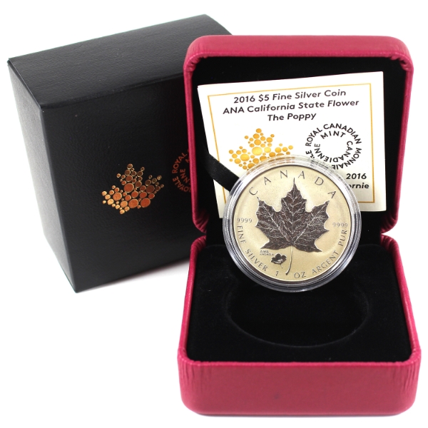 2016 $5 Silver Maple Leaf .9999 Fine Silver Coin w/ ANA California State Flower - The Poppy Privy