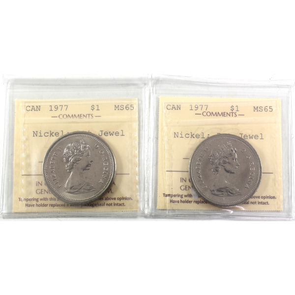 Nickel $1 1977 SWL Att. Jewel Type 1 & SWL Det. Jewel Type 3 ICCS MS65. 2pcs