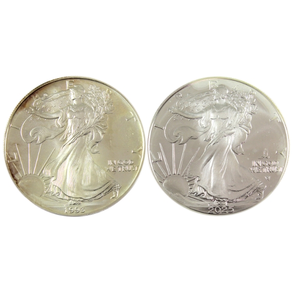 2x 1oz USA 1993 & 2025 $1 Silver Eagle .999 Fine Silver Coins. 2pcs. (Tax Exempt)