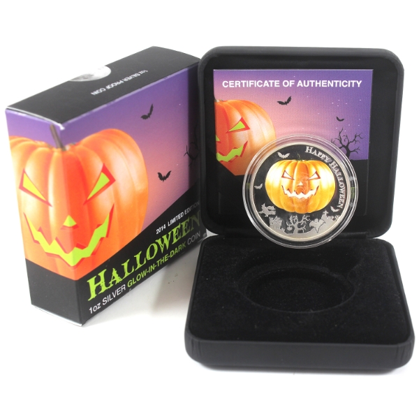 1oz Niue 2014 $2 Glow In The Dark Halloween .999 Fine Silver Coin w/ Selective Colour (Tax Exempt)