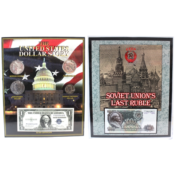 Soviet Union's Last Ruble & The United States Dollar Story Housed in Plastic Display Frames. 2pcs. 