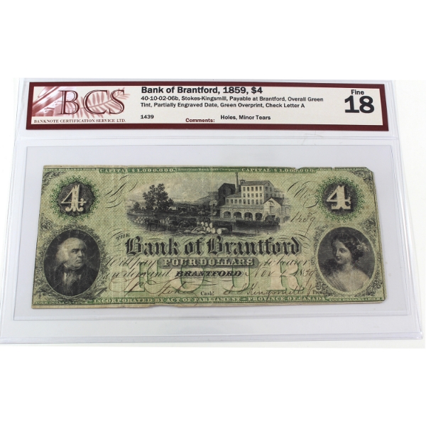 40-10-02-06b 1859 $4 The Bank of Brantford BCS F18 Stokes-Kingsmill SN: 1439 Check Letter A