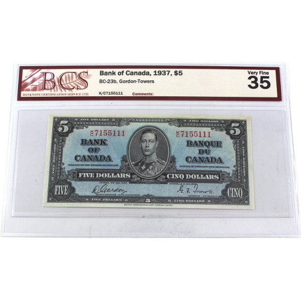 BC-23b 1937 $5 BCS VF35 Gordon-Towers SN: K/C7155111