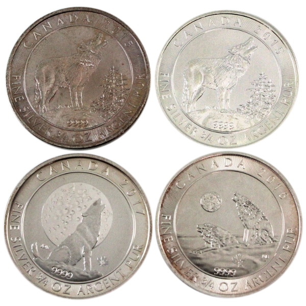 3oz Lot Total! 4x 3/4oz 2015, 2016 & 2017 Howling Wolf .9999 Fine Silver Rounds. 4pcs. (Tax Exempt)
