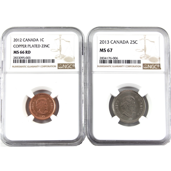 1-cent 2012 & 25-cent 2013 NGC MS66 to MS67. 2pcs.