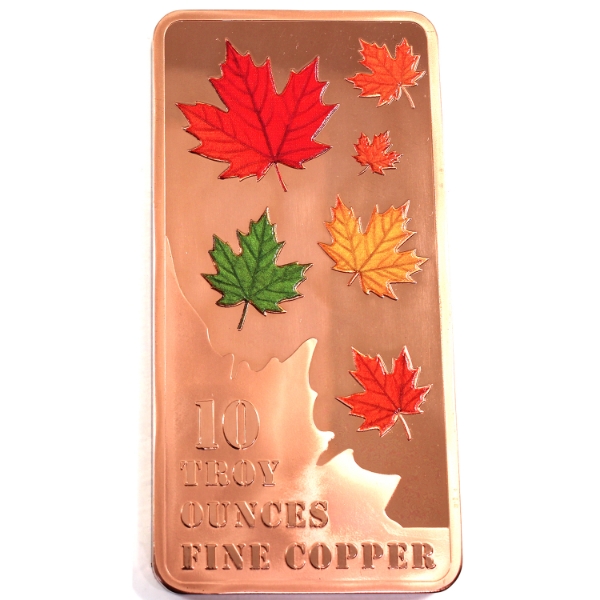 10oz Falling Maple Leaves .999 Fine Copper Bar w/ Selective Colour
