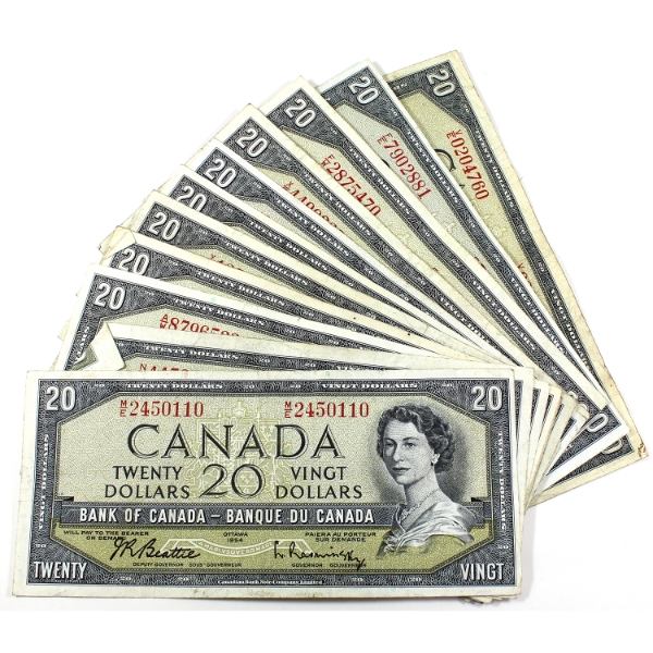 Bulk Lot of 1954 $20 Banknotes, All Different Prefixes. 13pcs.