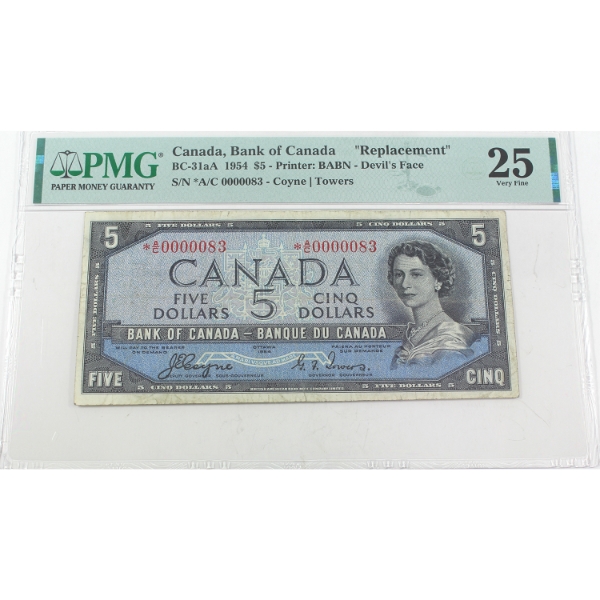 BC-31aA 1954 $5 Devil's Face *A/C Replacement with Low Serial # *A/C0000083 PMG VF25 Coyne-Towers