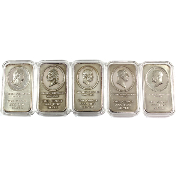 5x 1oz Madison Mint c.1970s-1980s Presidential Cameo .999 Silver Bars. 5pcs. (Tax Exempt)