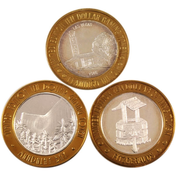 Nevada Special Edition 10 Dollar .999 Fine Silver Casino Gaming Tokens. 3pcs (Tax Exempt)