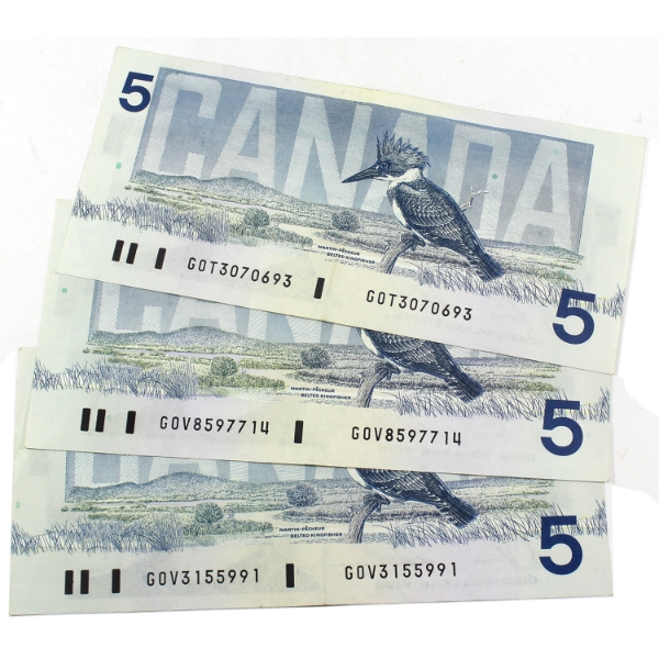 3x BC-56c & BC-56cA 1986 $5 EF Bonin-Thiessen GOT & GOV Prefixes. 3pcs.