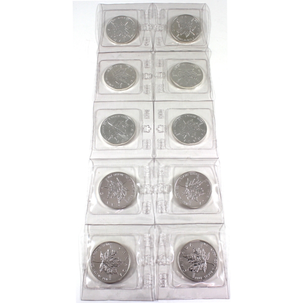 10x 1oz 1989 $5 Silver Maple Leaf .9999 Fine Silver Coins in Sealed Plastic Sheet. 10pcs. 