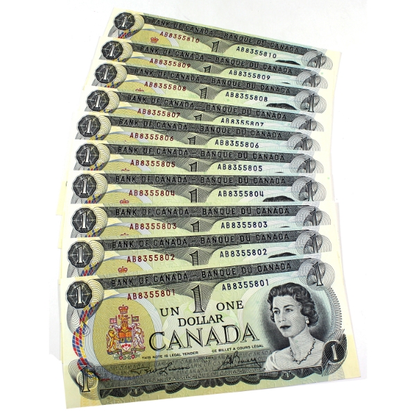 10x BC-46a 1973 $1 Consecutive AU-UNC Lawson-Bouey SN:AB8355801-"10. 10pcs