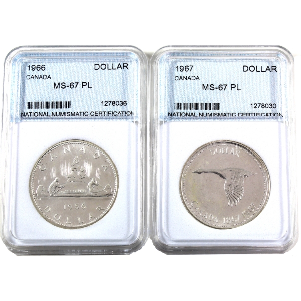 Silver $1 1966 & 1967 NNC Certified MS67 PL. 2pcs.