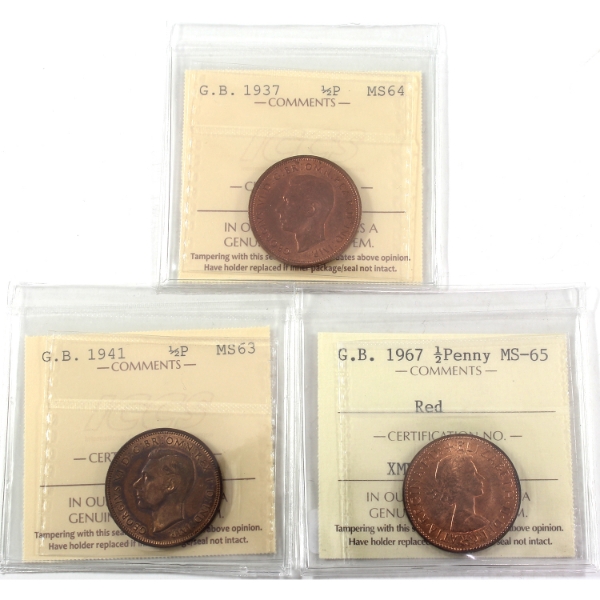 Great Britain 1937-1967 Half Penny ICCS MS63 to MS65. 3pcs